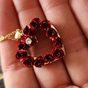 Gold Chain Necklace with Red Flower Pendant